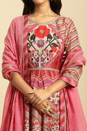 Designer Multi-Colour Floral Print Anarkali Dress and Dupatta Ensemble for Women