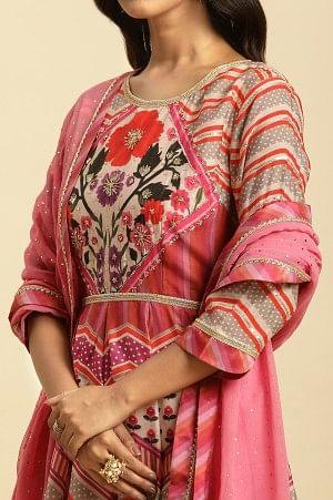 Designer Multi-Colour Floral Print Anarkali Dress and Dupatta Ensemble for Women