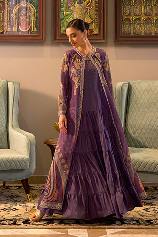 Stylish Purple Embellished Georgette Gilet and Tiered Maxi Dress for Women