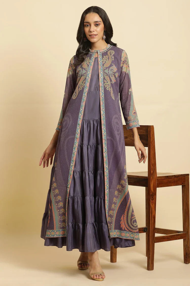 Stylish Purple Embellished Georgette Gilet and Tiered Maxi Dress for Women