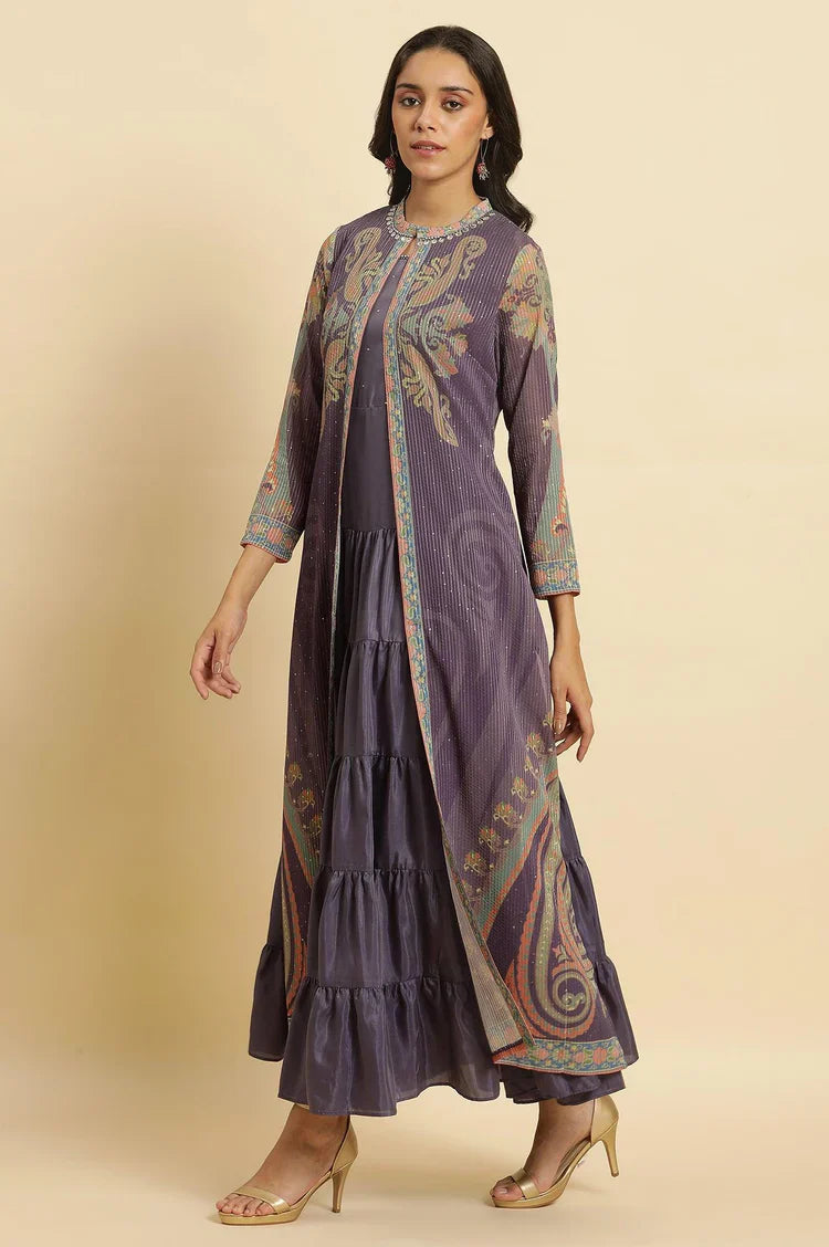 Stylish Purple Embellished Georgette Gilet and Tiered Maxi Dress for Women