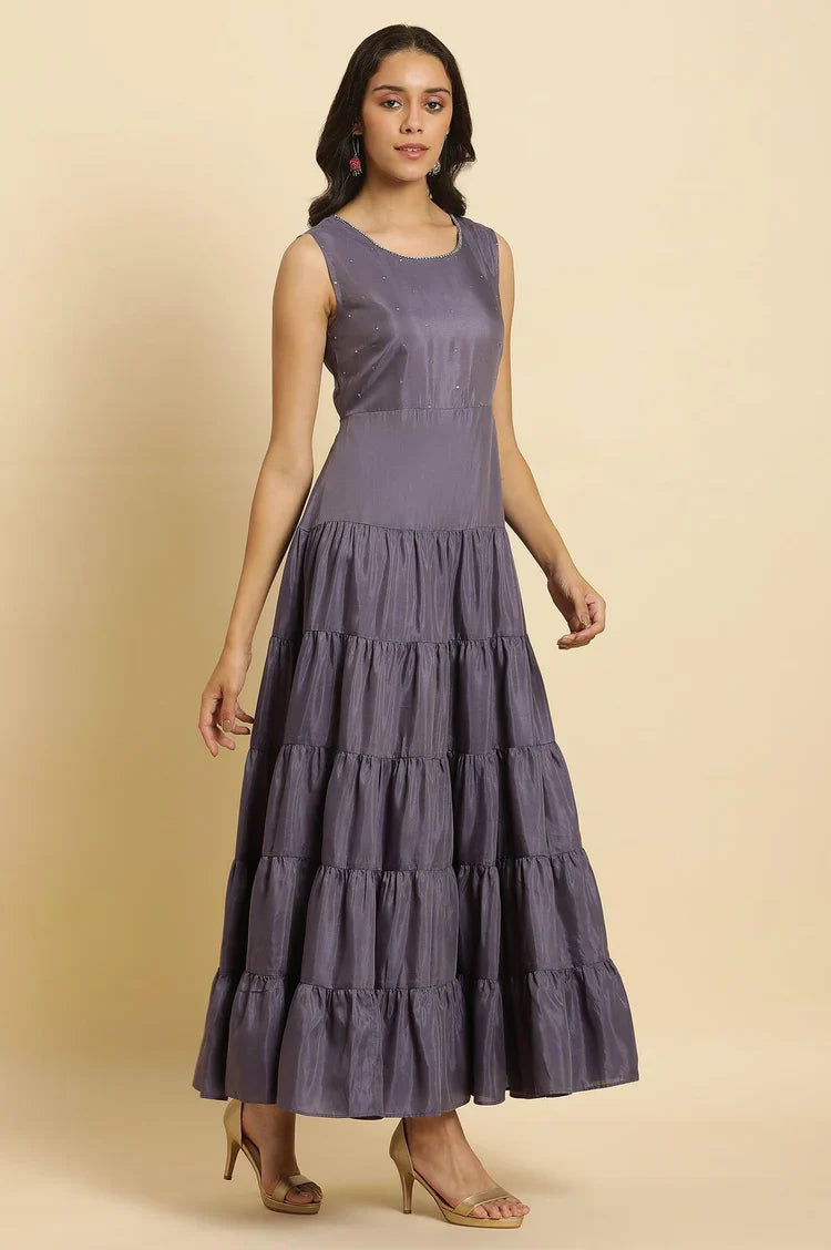 Stylish Purple Embellished Georgette Gilet and Tiered Maxi Dress for Women