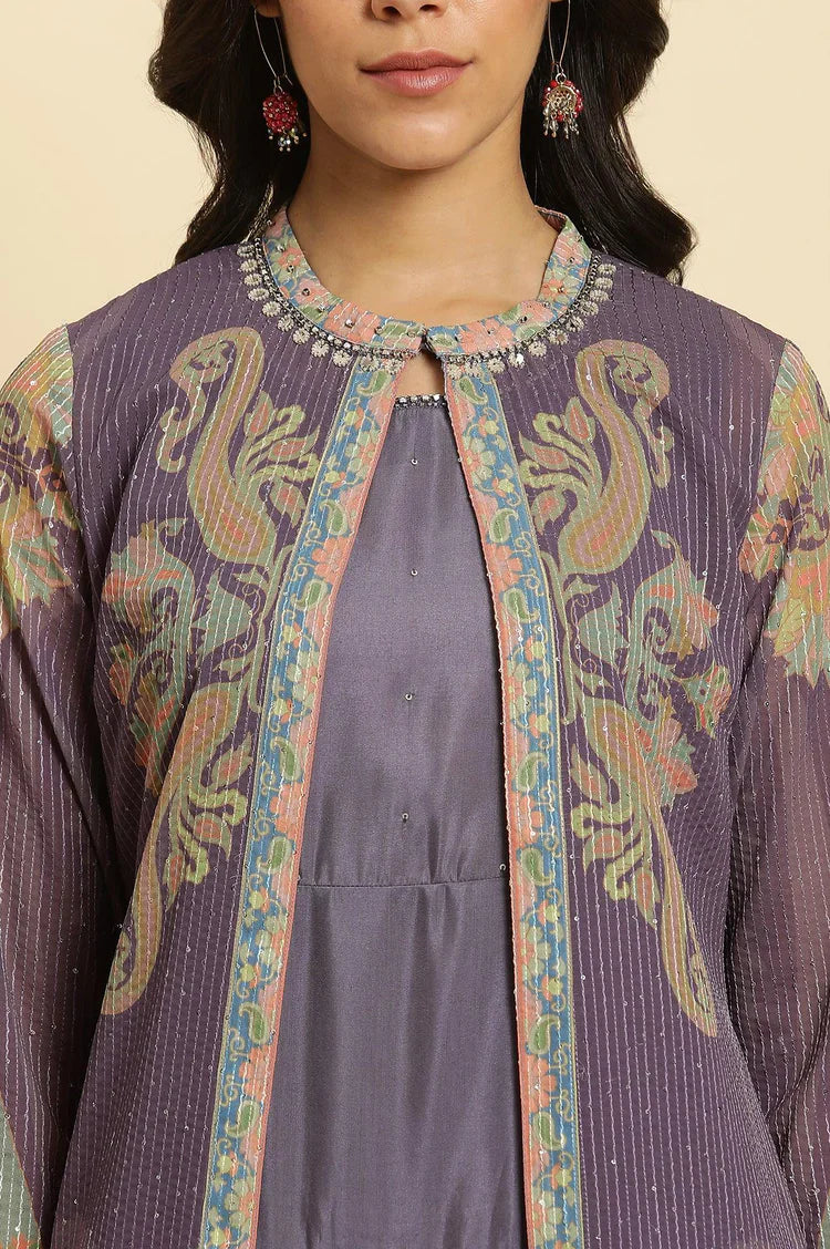 Stylish Purple Embellished Georgette Gilet and Tiered Maxi Dress for Women