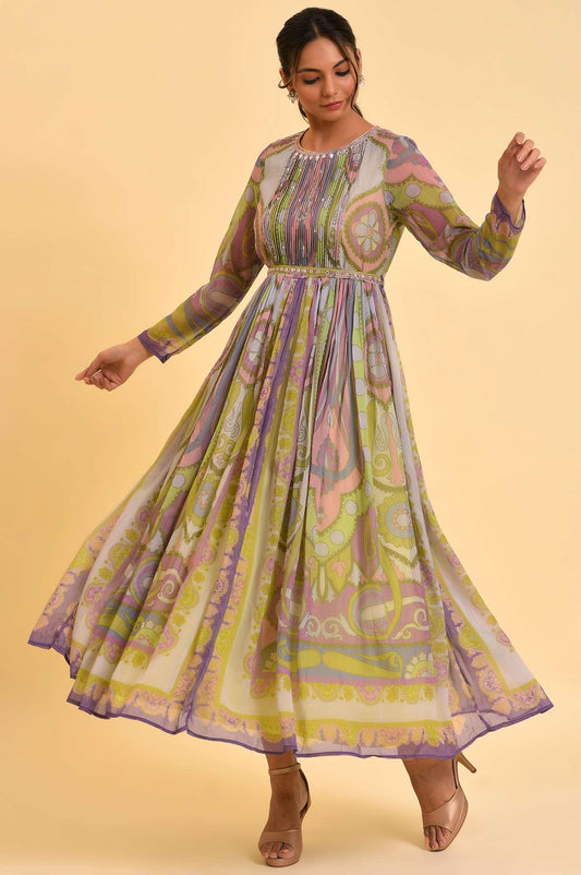 Multi-Coloured Printed Flared Dress for Women with Matching Belt – Modern and Traditional Fusion Wear for Weddings, Festivals, and Special Occasions