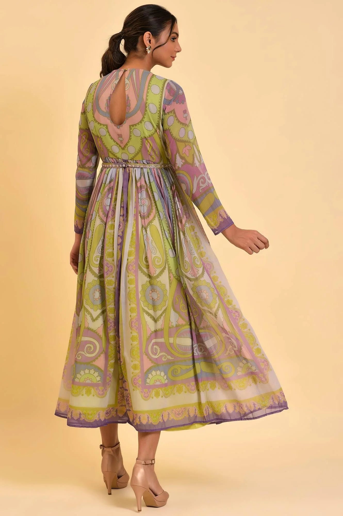 Multi-Coloured Printed Flared Dress for Women with Matching Belt – Modern and Traditional Fusion Wear for Weddings, Festivals, and Special Occasions