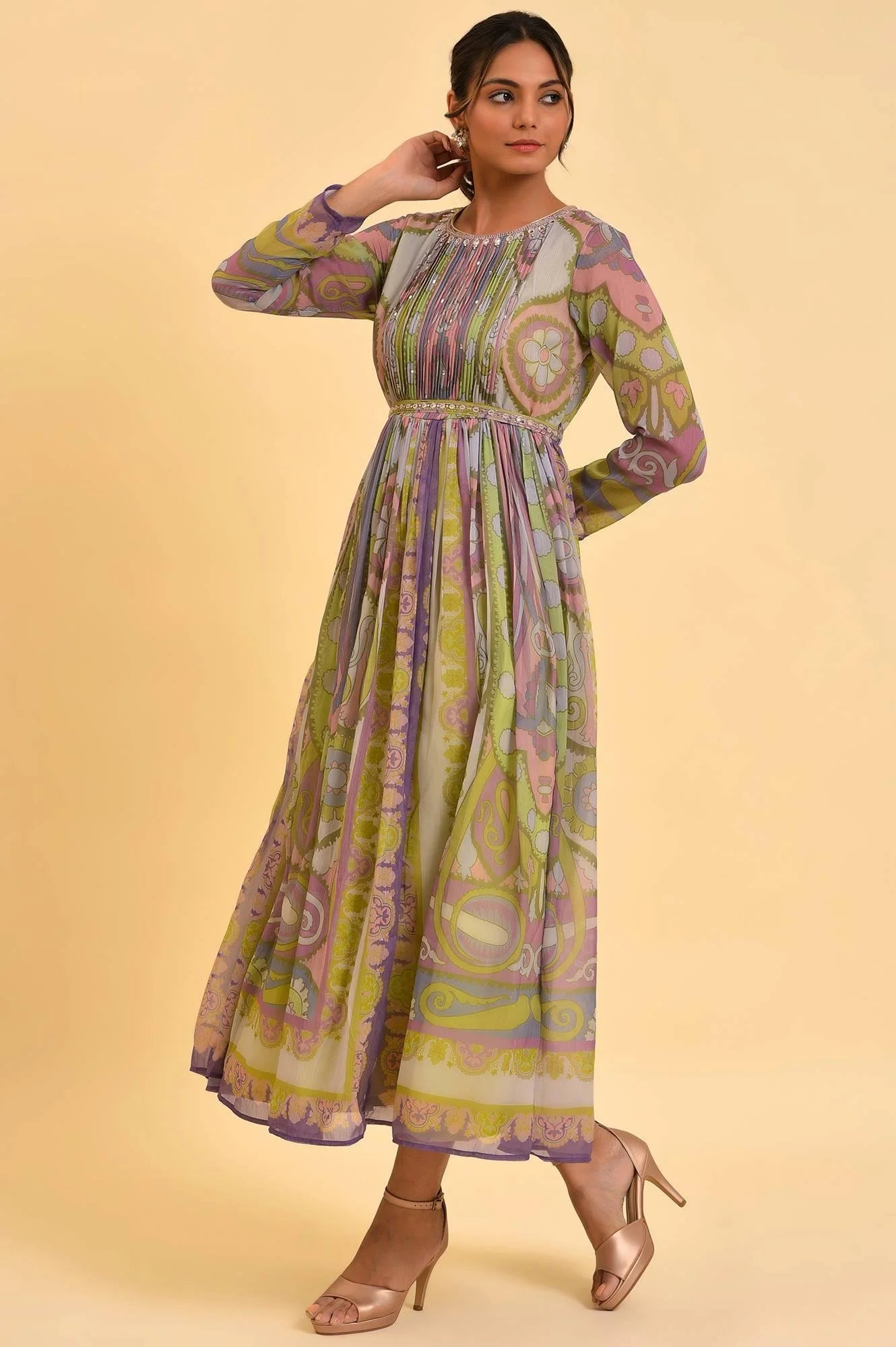 Multi-Coloured Printed Flared Dress for Women with Matching Belt – Modern and Traditional Fusion Wear for Weddings, Festivals, and Special Occasions