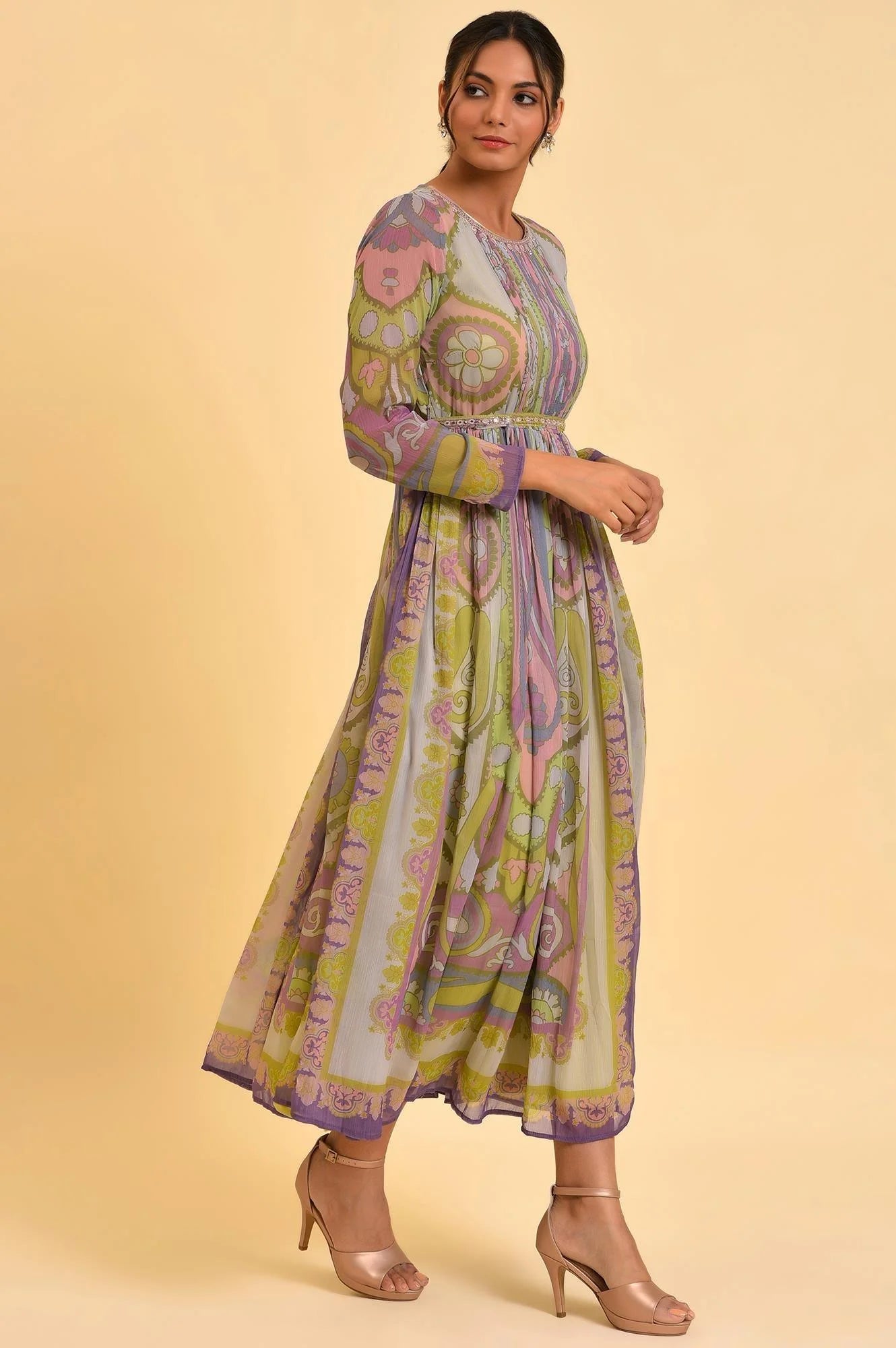 Multi-Coloured Printed Flared Dress for Women with Matching Belt – Modern and Traditional Fusion Wear for Weddings, Festivals, and Special Occasions