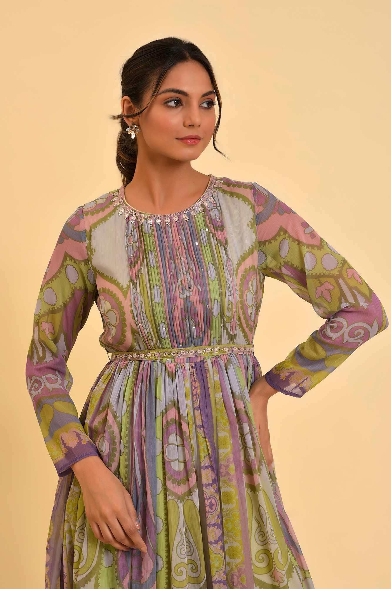 Multi-Coloured Printed Flared Dress for Women with Matching Belt – Modern and Traditional Fusion Wear for Weddings, Festivals, and Special Occasions