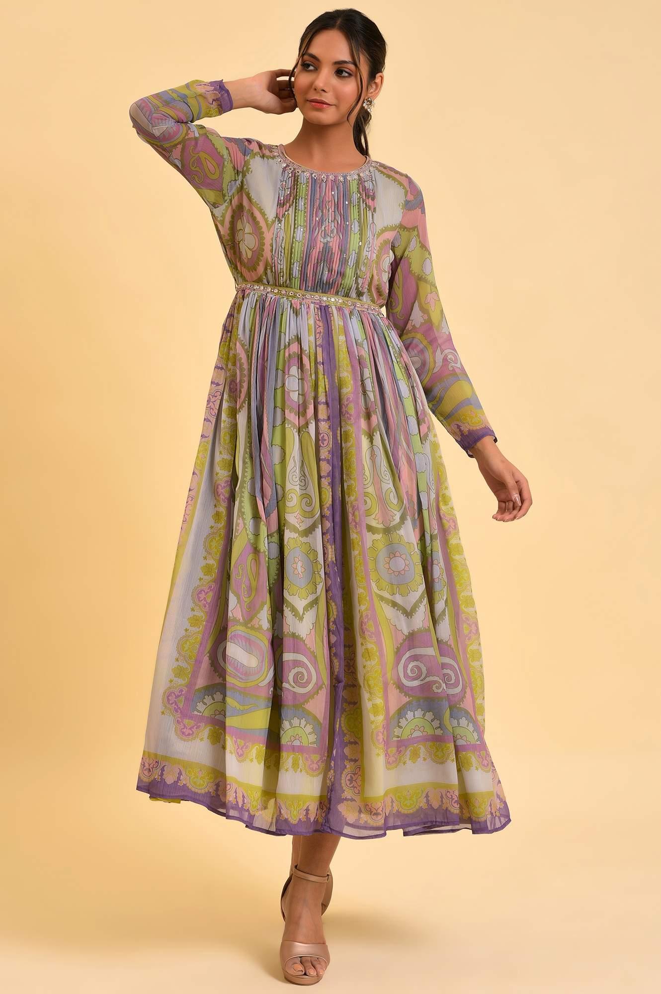 Multi-Coloured Printed Flared Dress for Women with Matching Belt – Modern and Traditional Fusion Wear for Weddings, Festivals, and Special Occasions