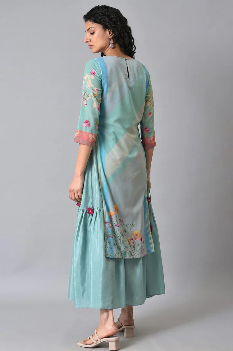 Chic Green Floral Printed Mock Layer Dress for Everyday & Holiday Wear
