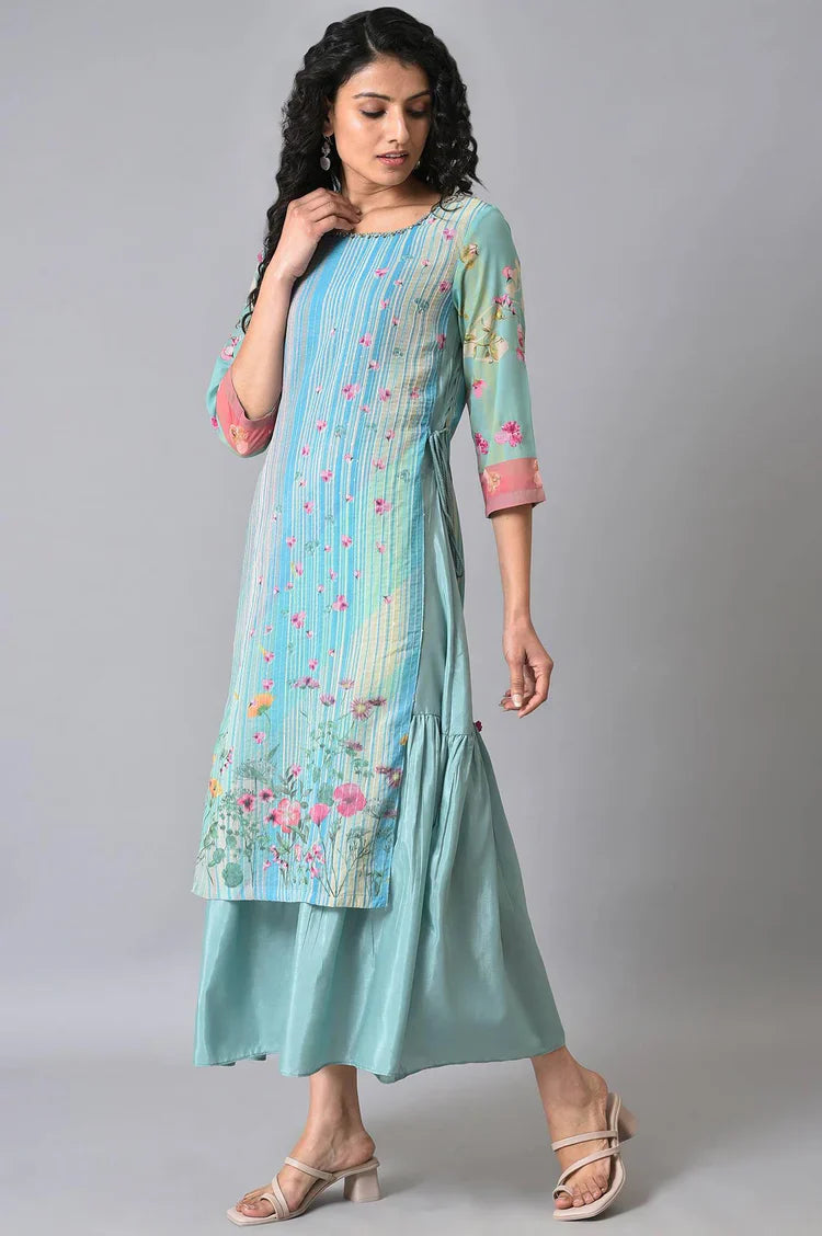 Chic Green Floral Printed Mock Layer Dress for Everyday & Holiday Wear