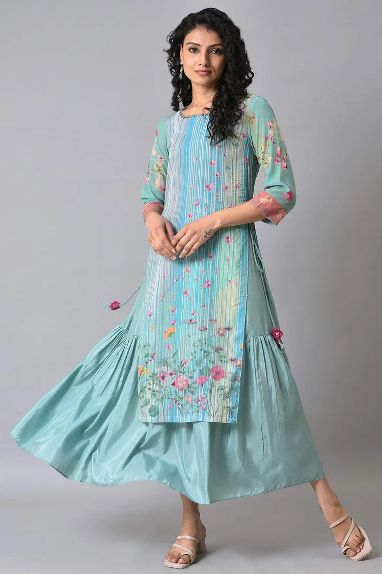 Chic Green Floral Printed Mock Layer Dress for Everyday & Holiday Wear
