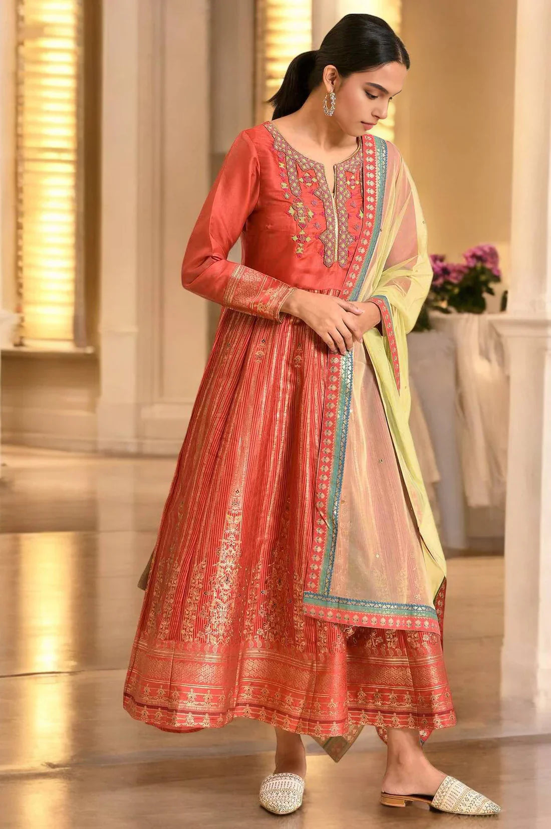 Traditional Orange Tamil Silk Embellished Anarkali Dress with Matching Dupatta