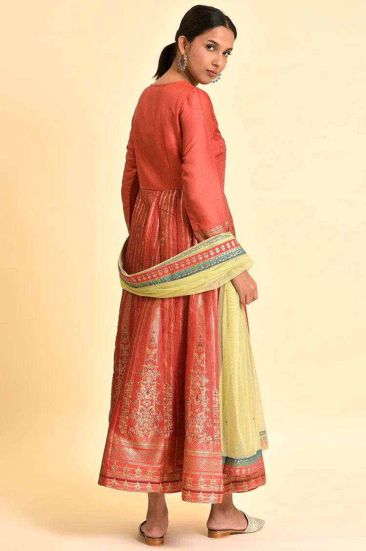 Traditional Orange Tamil Silk Embellished Anarkali Dress with Matching Dupatta