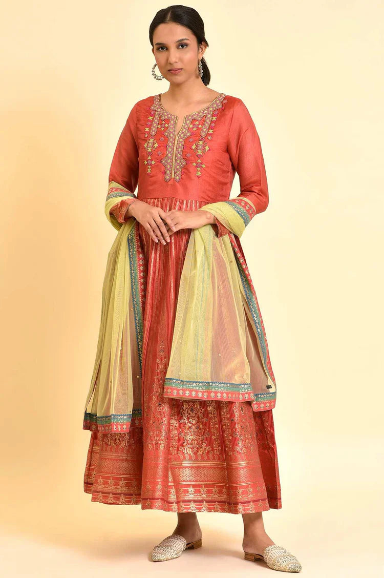 Traditional Orange Tamil Silk Embellished Anarkali Dress with Matching Dupatta