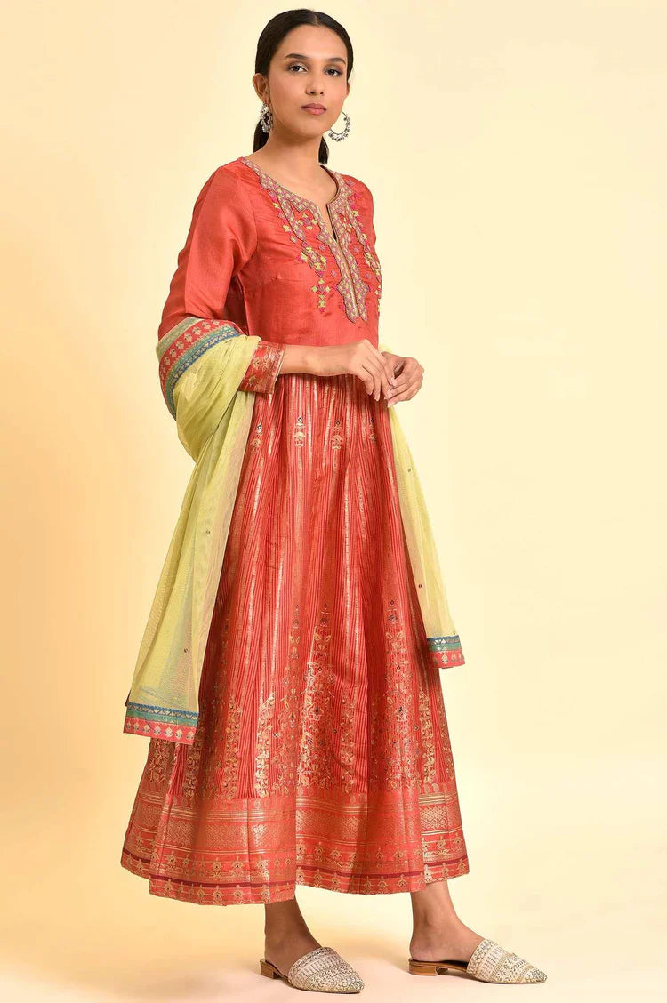 Traditional Orange Tamil Silk Embellished Anarkali Dress with Matching Dupatta