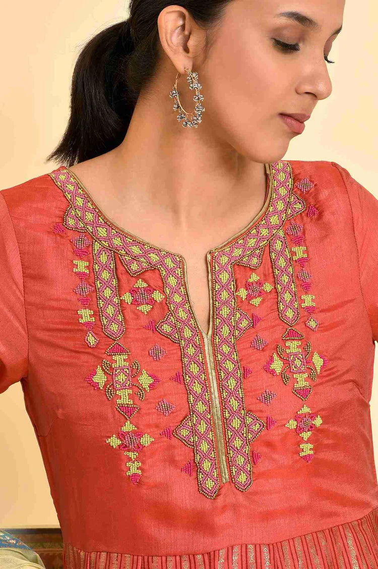 Traditional Orange Tamil Silk Embellished Anarkali Dress with Matching Dupatta