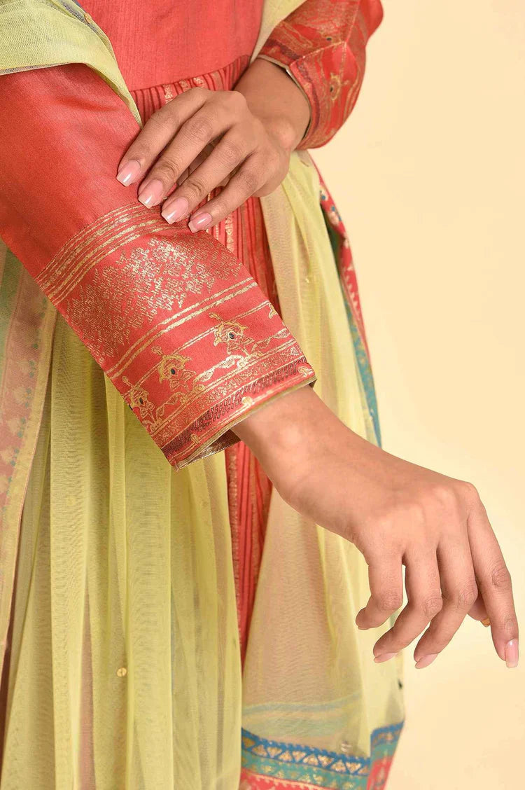 Traditional Orange Tamil Silk Embellished Anarkali Dress with Matching Dupatta