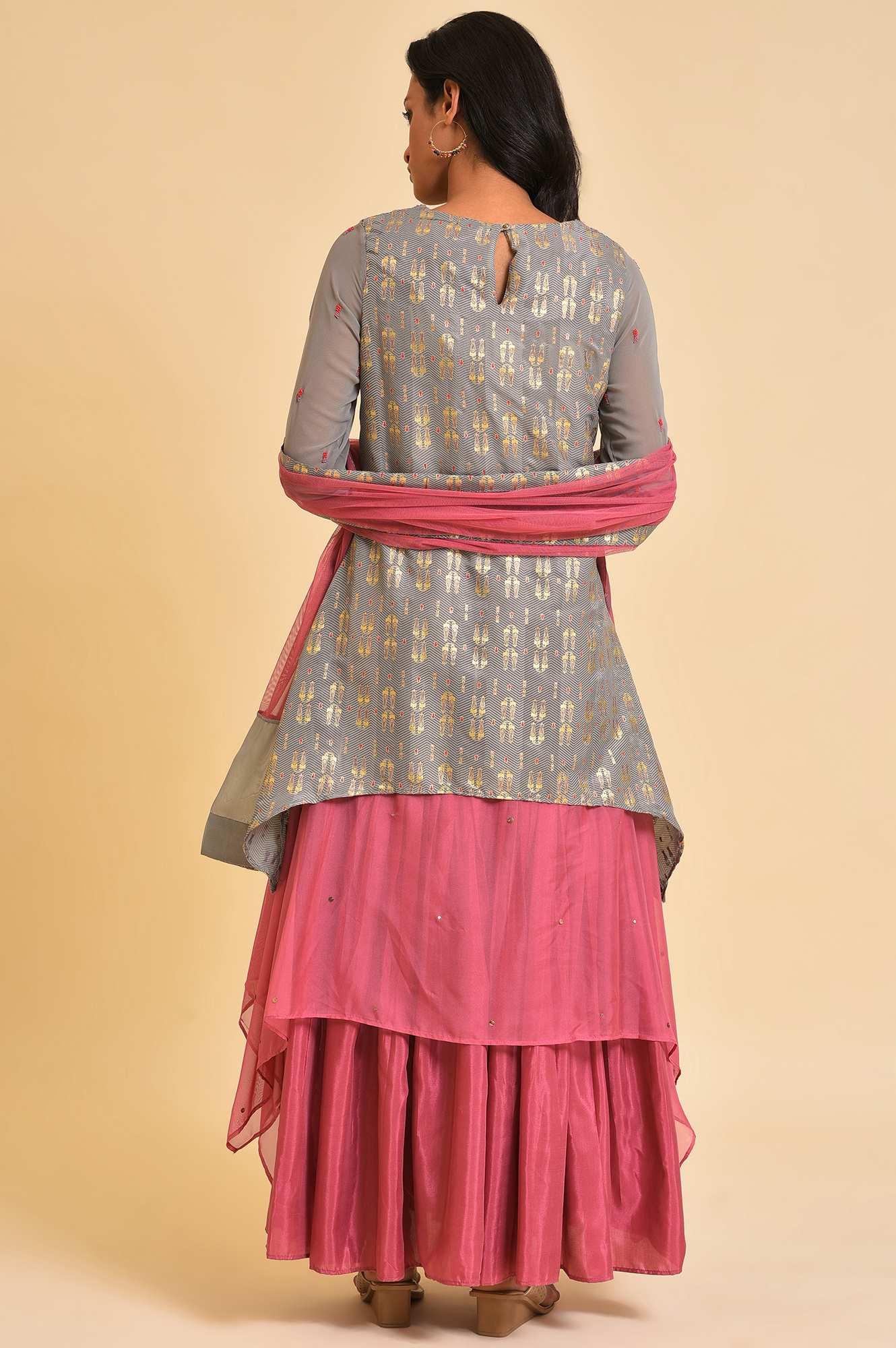 Women’s Grey and Pink Layered Asymmetric Dress with Dupatta – Elegant Contemporary Ethnic Outfit for Parties and Festive Occasions