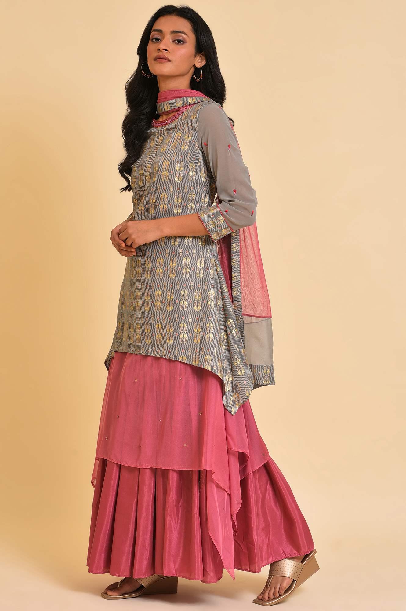 Women’s Grey and Pink Layered Asymmetric Dress with Dupatta – Elegant Contemporary Ethnic Outfit for Parties and Festive Occasions