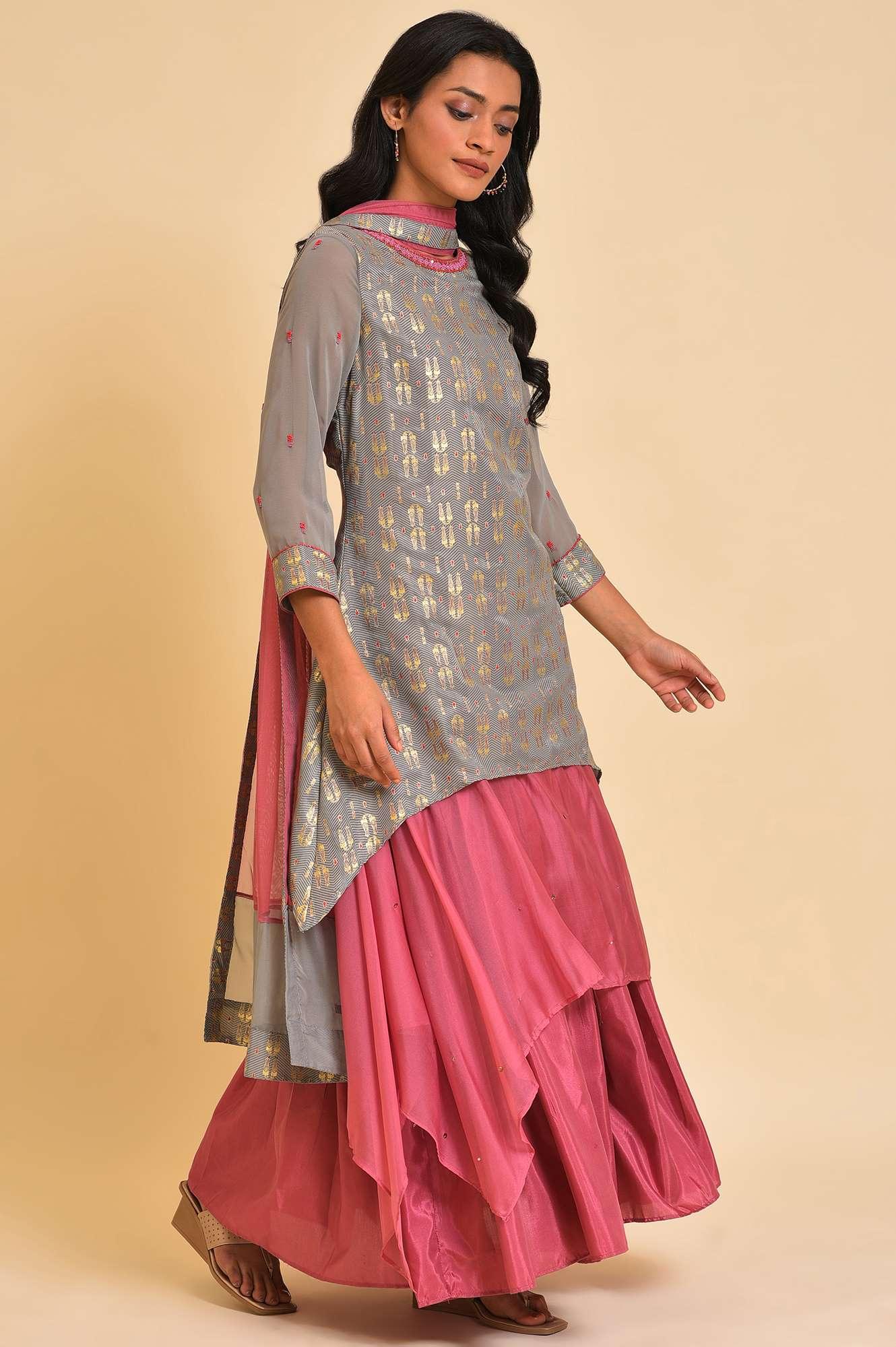 Women’s Grey and Pink Layered Asymmetric Dress with Dupatta – Elegant Contemporary Ethnic Outfit for Parties and Festive Occasions