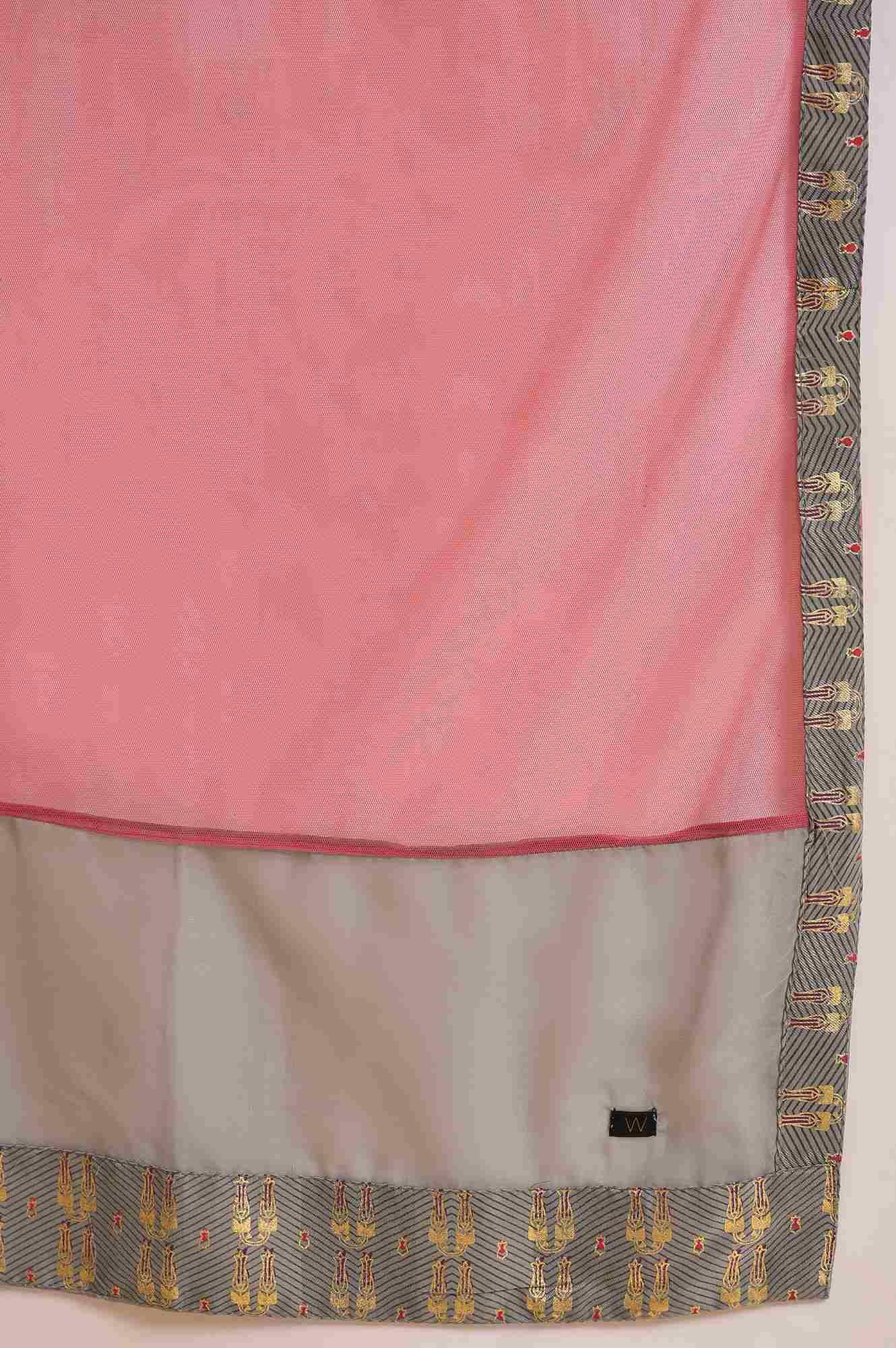 Women’s Grey and Pink Layered Asymmetric Dress with Dupatta – Elegant Contemporary Ethnic Outfit for Parties and Festive Occasions