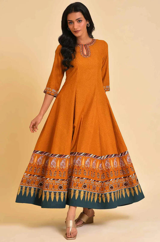 Premium Mustard Flared Embroidered Dress for Festive and Evening Wear