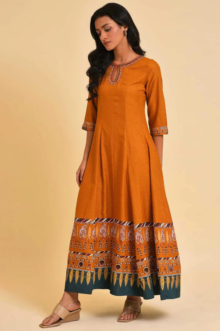 Premium Mustard Flared Embroidered Dress for Festive and Evening Wear