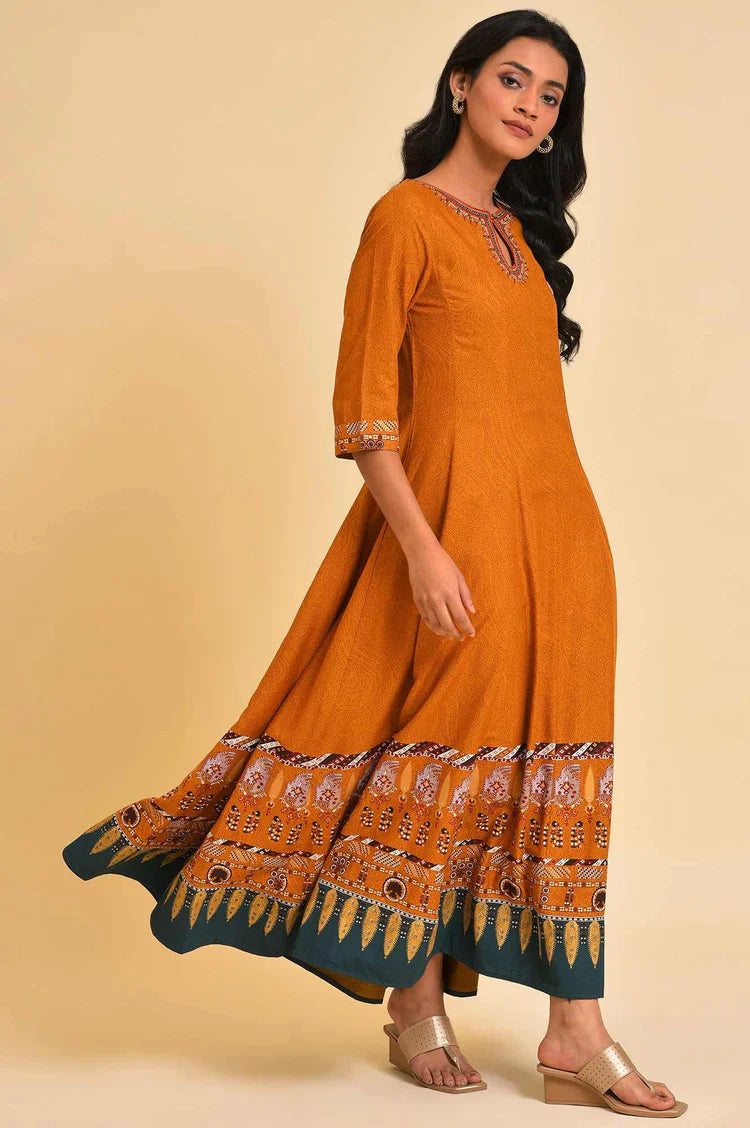 Premium Mustard Flared Embroidered Dress for Festive and Evening Wear