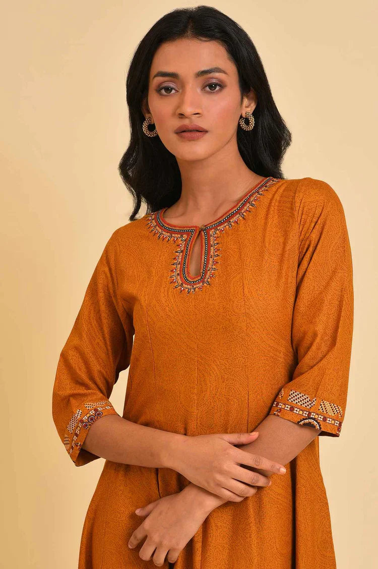 Premium Mustard Flared Embroidered Dress for Festive and Evening Wear
