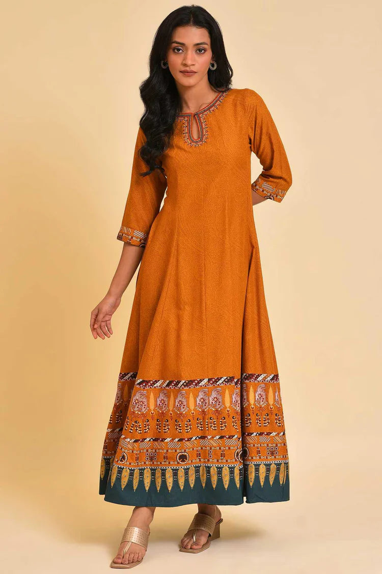 Premium Mustard Flared Embroidered Dress for Festive and Evening Wear