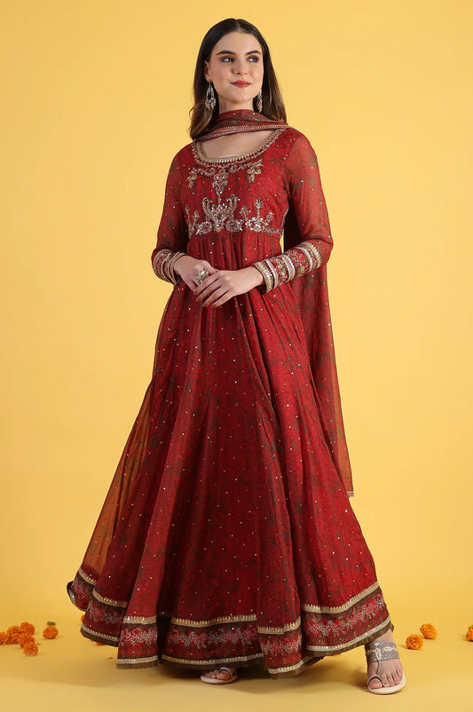 Women’s Red Flared Chiffon Dress with Intricate Dori Embroidery and Matching Dupatta – Graceful Ethnic Wear for Weddings and Festivals