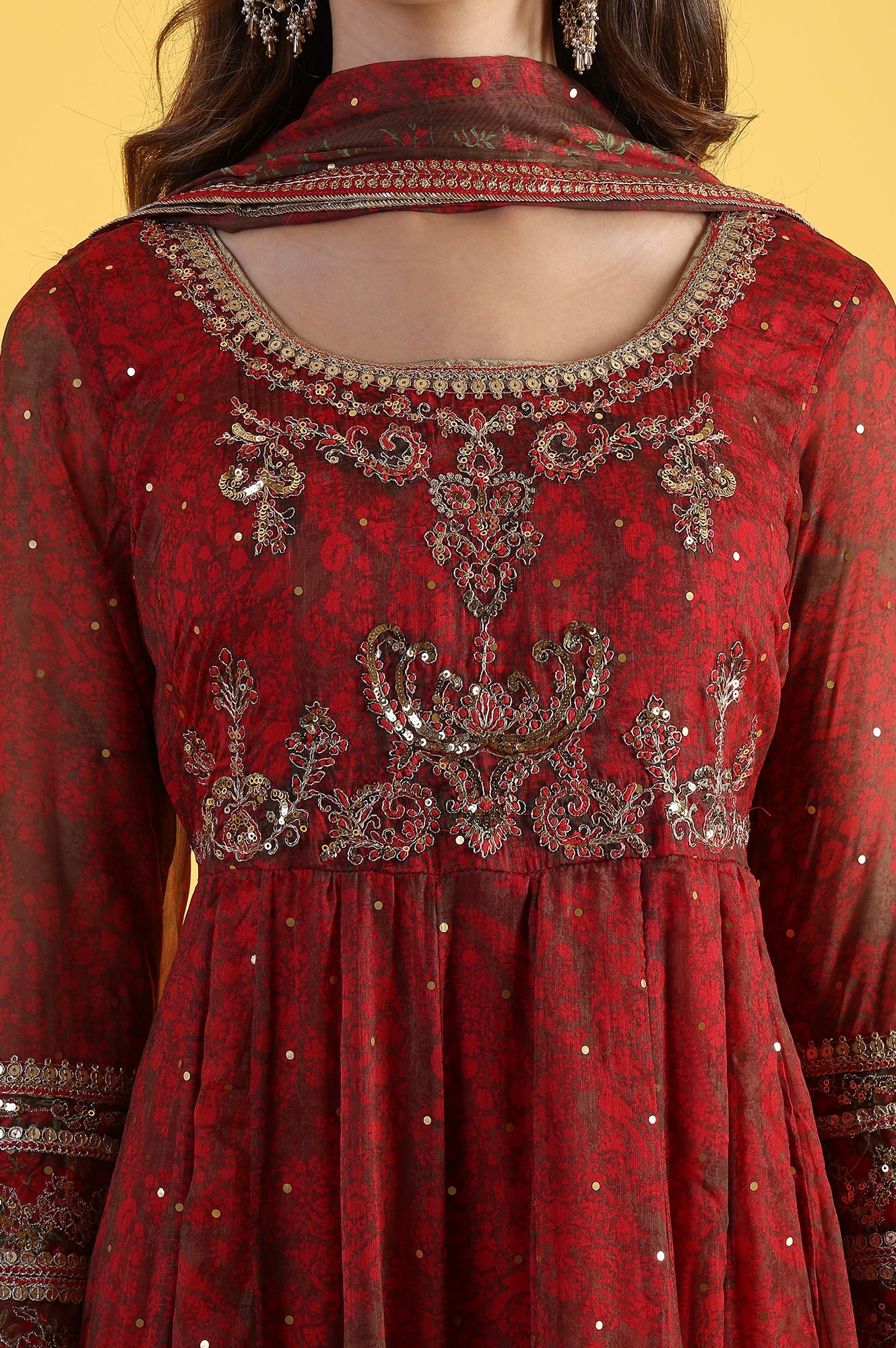 Women’s Red Flared Chiffon Dress with Intricate Dori Embroidery and Matching Dupatta – Graceful Ethnic Wear for Weddings and Festivals
