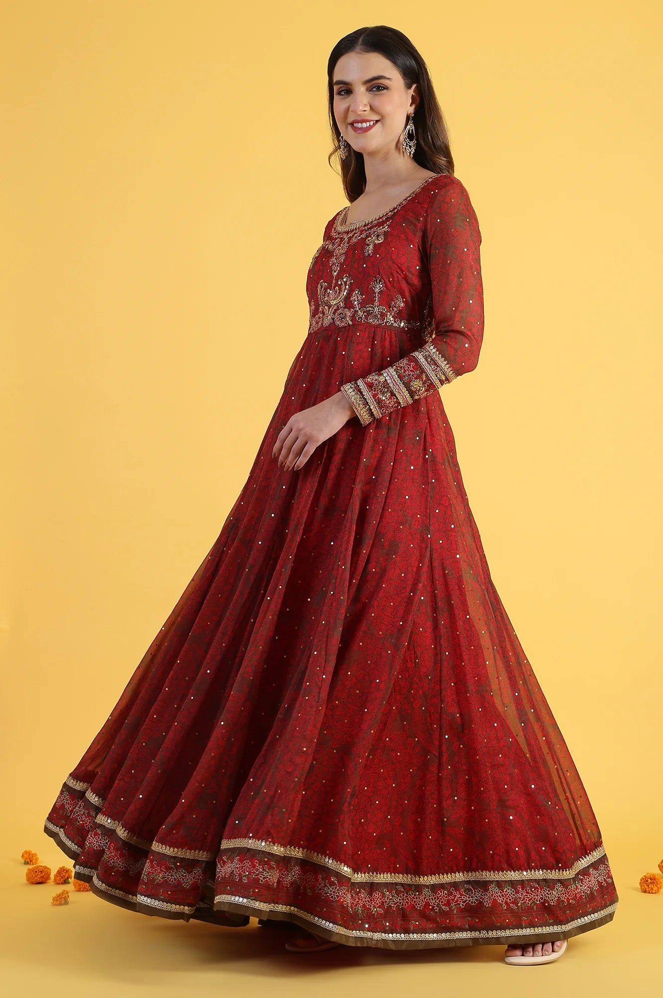 Women’s Red Flared Chiffon Dress with Intricate Dori Embroidery and Matching Dupatta – Graceful Ethnic Wear for Weddings and Festivals