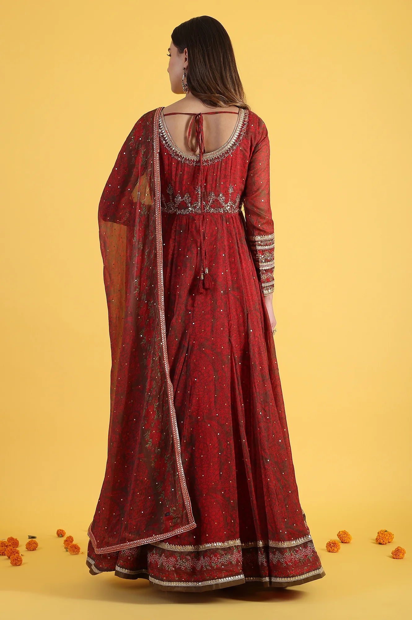 Women’s Red Flared Chiffon Dress with Intricate Dori Embroidery and Matching Dupatta – Graceful Ethnic Wear for Weddings and Festivals