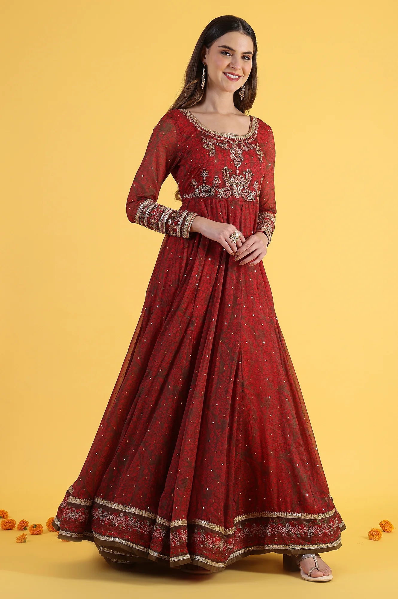 Women’s Red Flared Chiffon Dress with Intricate Dori Embroidery and Matching Dupatta – Graceful Ethnic Wear for Weddings and Festivals
