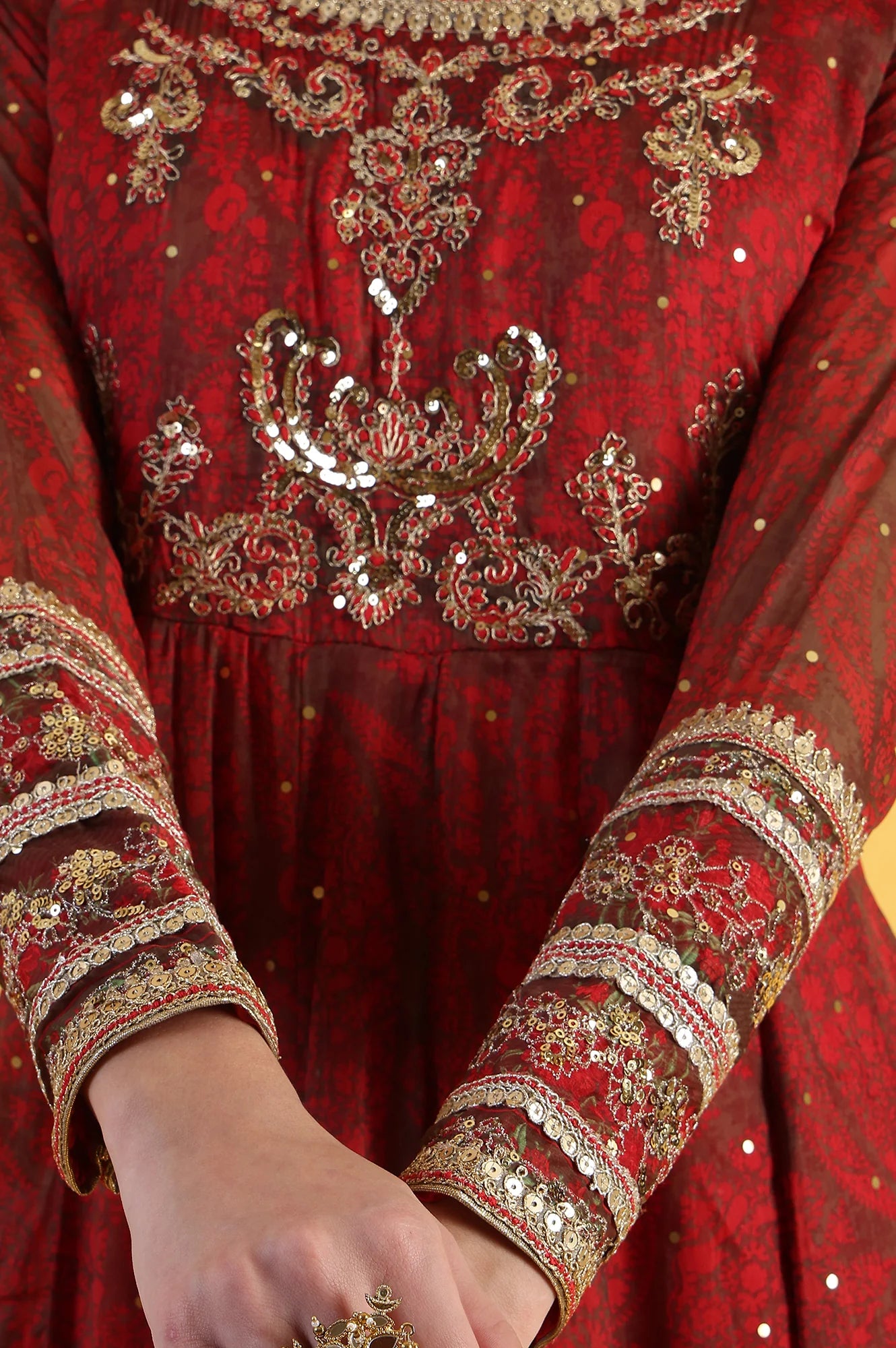 Women’s Red Flared Chiffon Dress with Intricate Dori Embroidery and Matching Dupatta – Graceful Ethnic Wear for Weddings and Festivals