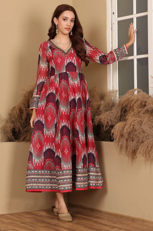 Women’s Flared Dress in Red and Multi-Coloured Ikkat Print with Thread Detailing and Mirror Work – Graceful Ethnic Ensemble for Weddings and Festivals