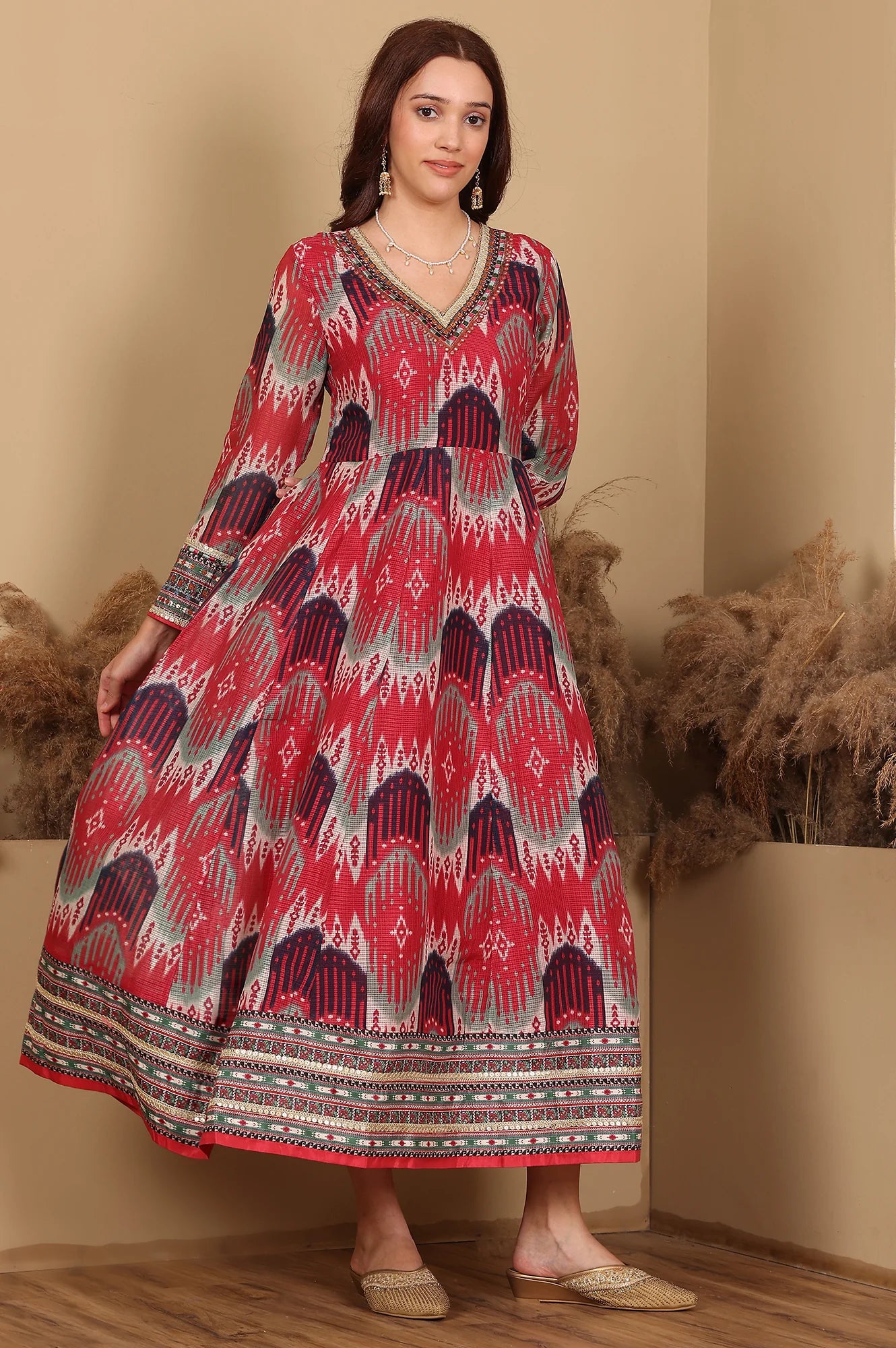 Women’s Flared Dress in Red and Multi-Coloured Ikkat Print with Thread Detailing and Mirror Work – Graceful Ethnic Ensemble for Weddings and Festivals
