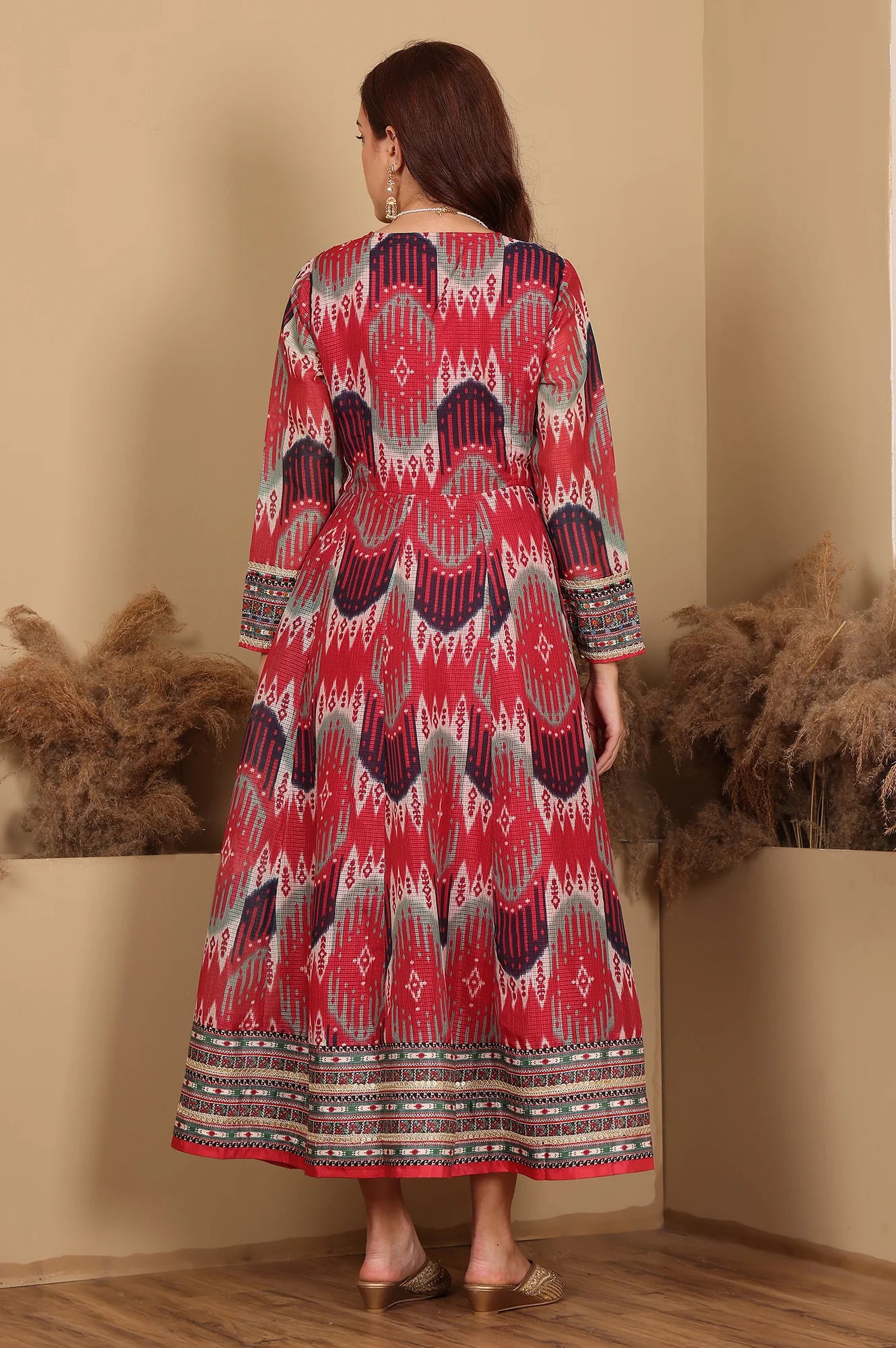 Women’s Flared Dress in Red and Multi-Coloured Ikkat Print with Thread Detailing and Mirror Work – Graceful Ethnic Ensemble for Weddings and Festivals