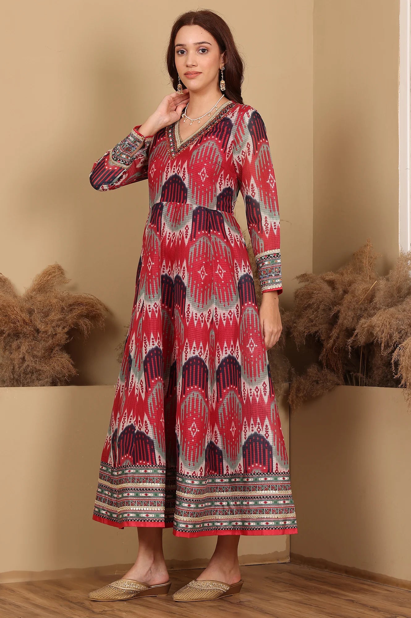 Women’s Flared Dress in Red and Multi-Coloured Ikkat Print with Thread Detailing and Mirror Work – Graceful Ethnic Ensemble for Weddings and Festivals