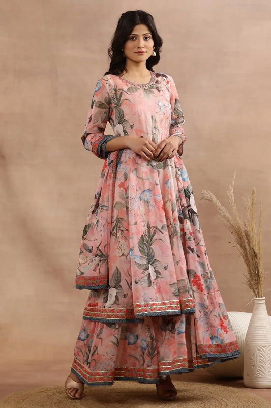 Peach Mock Layered Dress with Floral Print and Matching Dupatta – Stylish Contemporary Ethnic Ensemble for Weddings and Parties