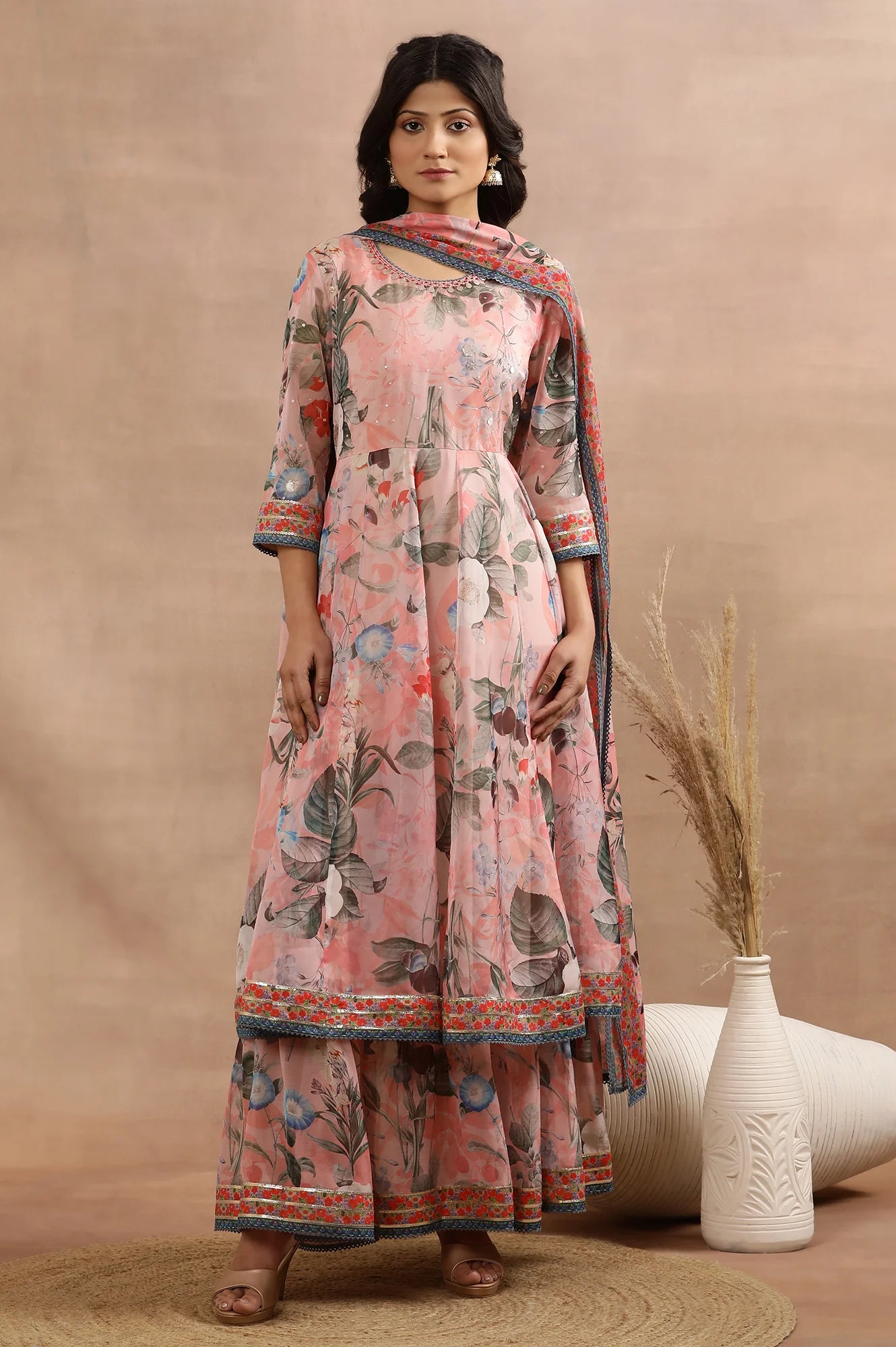 Peach Mock Layered Dress with Floral Print and Matching Dupatta – Stylish Contemporary Ethnic Ensemble for Weddings and Parties