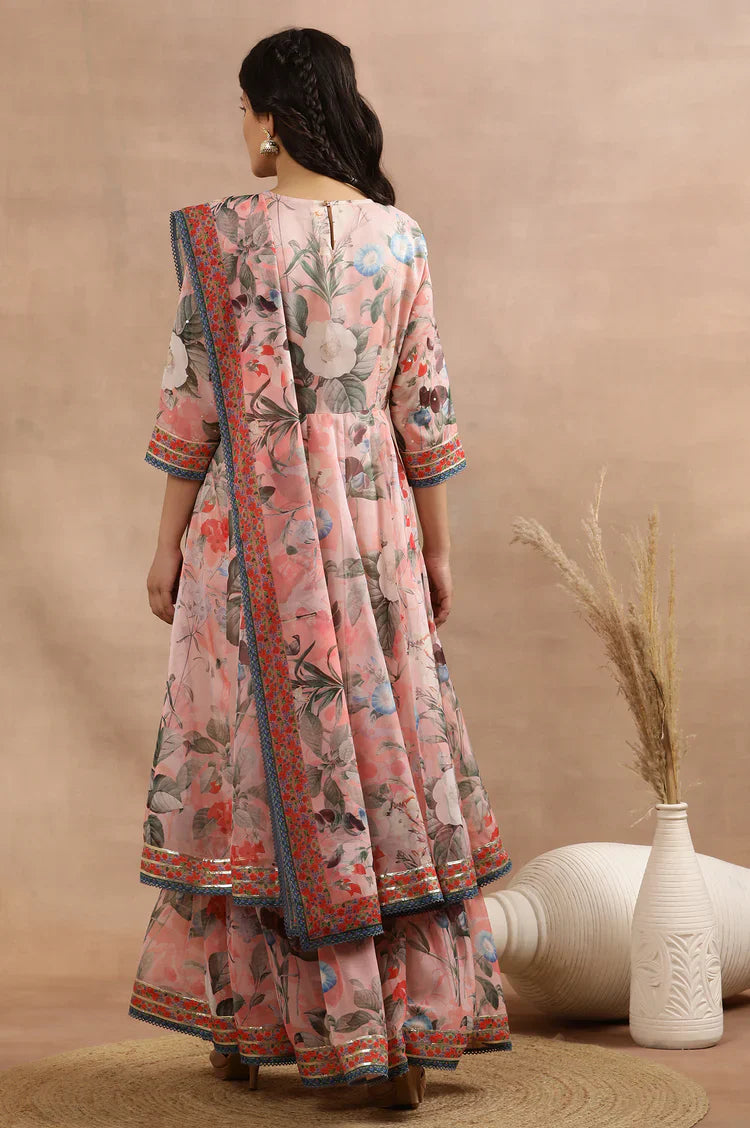 Designer Peach Floral Print Mock Layered Anarkali Dress and Dupatta Ensemble