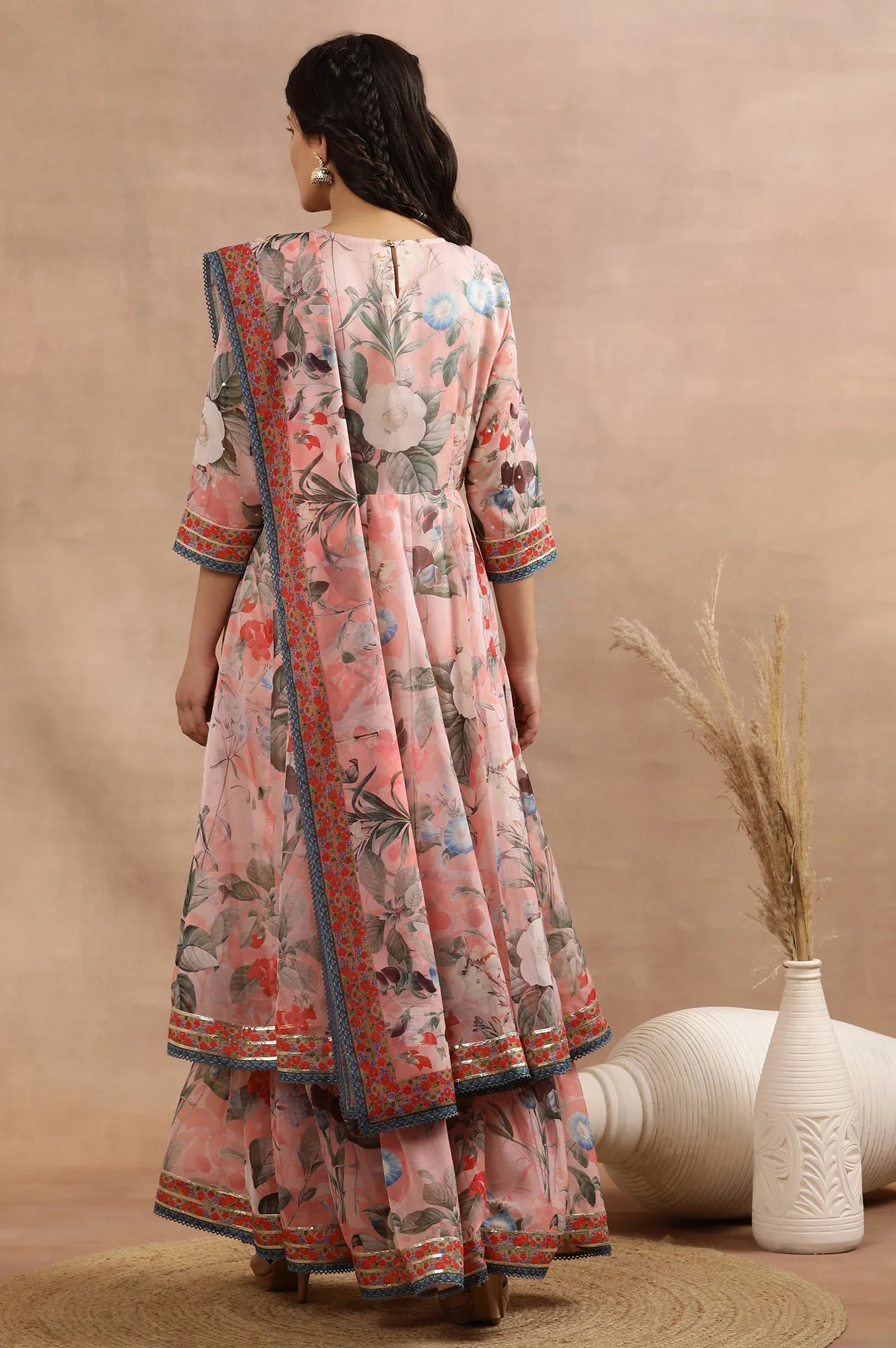 Peach Mock Layered Dress with Floral Print and Matching Dupatta – Stylish Contemporary Ethnic Ensemble for Weddings and Parties