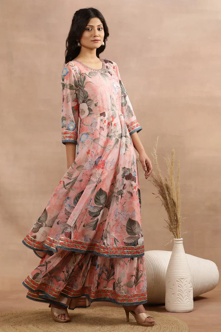 Designer Peach Floral Print Mock Layered Anarkali Dress and Dupatta Ensemble
