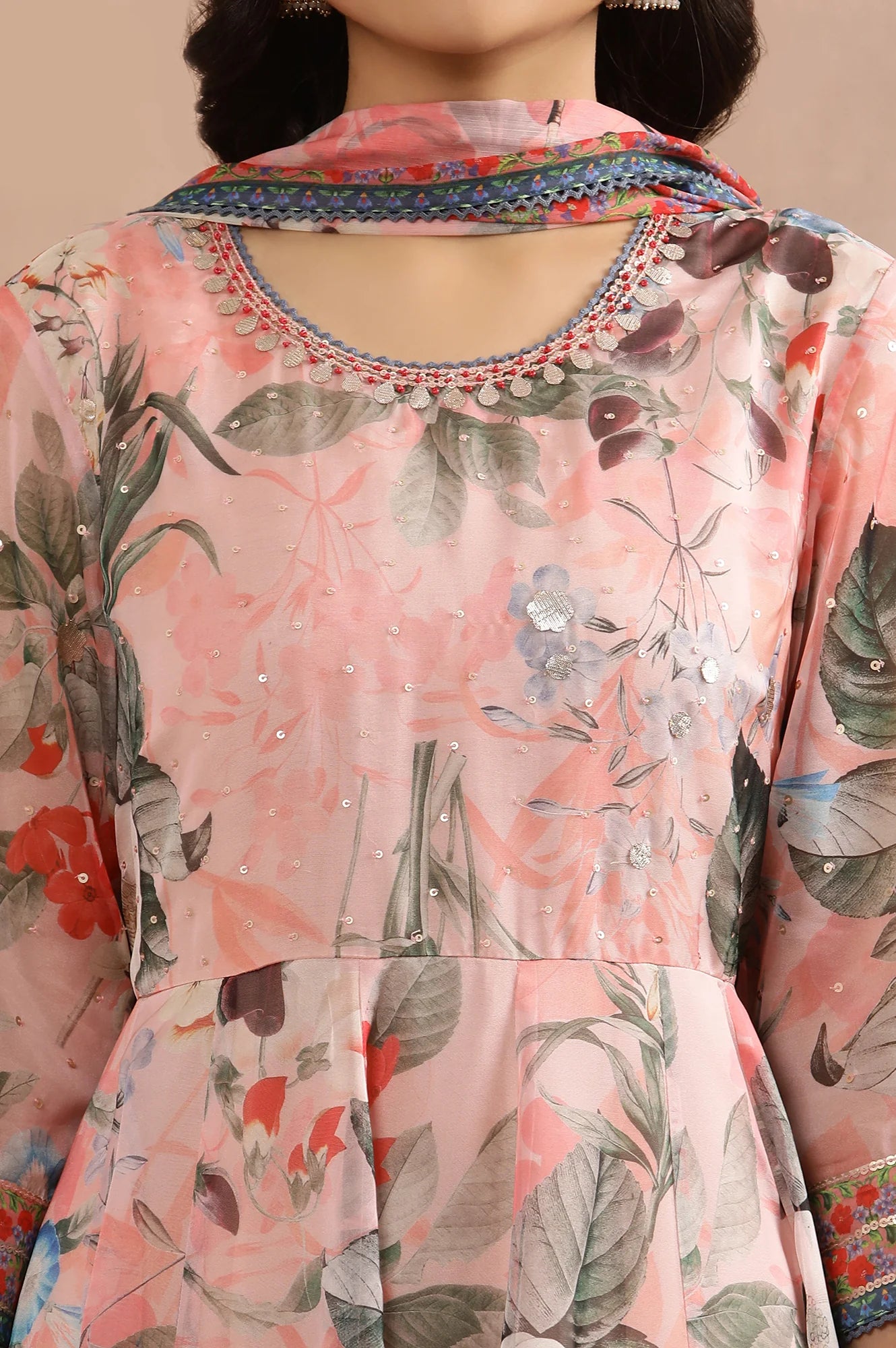 Peach Mock Layered Dress with Floral Print and Matching Dupatta – Stylish Contemporary Ethnic Ensemble for Weddings and Parties