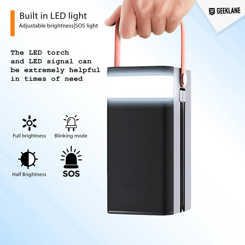 Ultra-High Capacity Li-Po Power Bank with Fast Charging, Built-In Type-C and Lightning Cables, and Torch