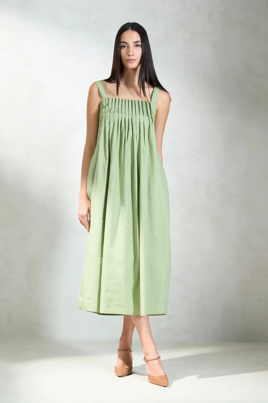 Casual and Party-Ready Cotton Midi Dress with Smocked and Pleated Front
