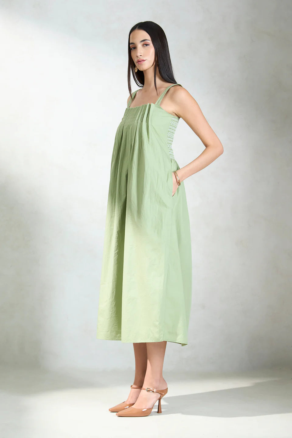 Casual and Party-Ready Cotton Midi Dress with Smocked and Pleated Front